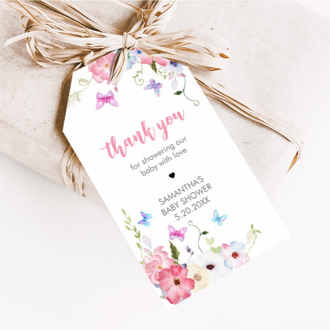 Étiquettes de Faveurs de Baby Shower Papillon Flor (Floral Our Little Butterfly Baby Shower Favor Tags)