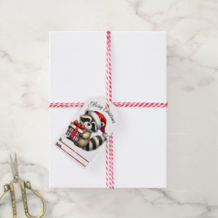 Étiquettes de fête avec raton laveur à Santa hat