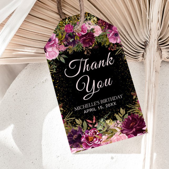 Étiquettes de fête d'anniversaire noir à paillette (Elegant burgundy and pink floral on black birthday party "thank you" gift tag. )