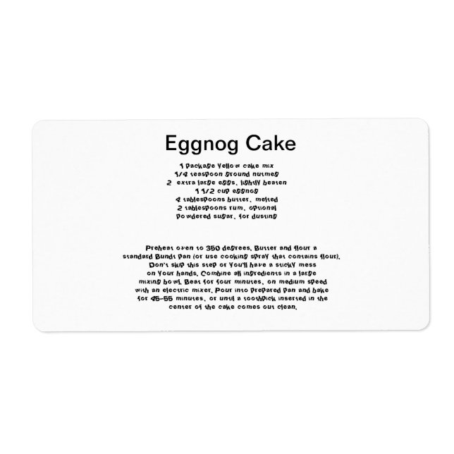 Étiquettes de la recette de gâteau Eggnog (Devant)