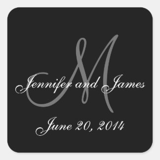 Étiquettes de mariage Carré de Monogramme noir et