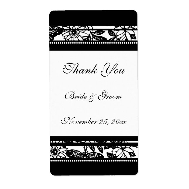 Étiquettes de mariage floral noir et blanc (Devant)