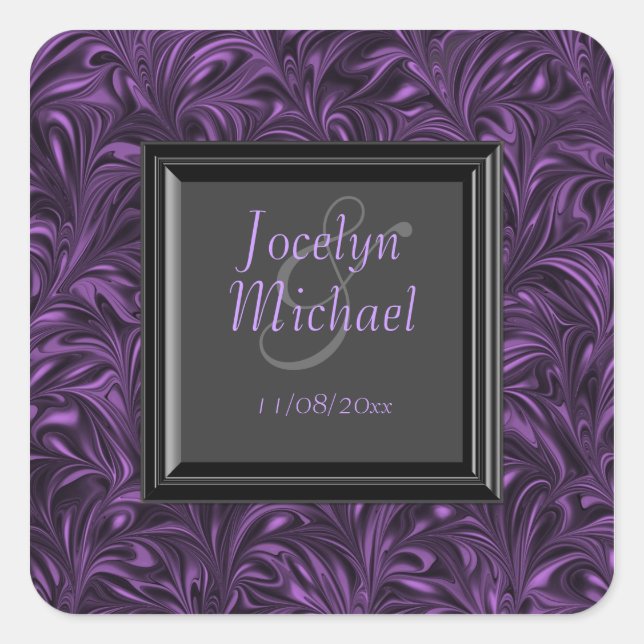 Étiquettes de mariage marbrées violet noir Sticker (Devant)
