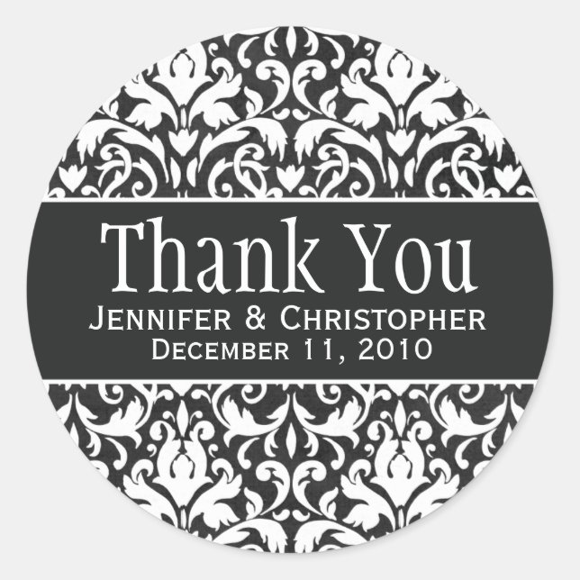 Étiquettes de mariage rond blanc et noir Damas (Devant)