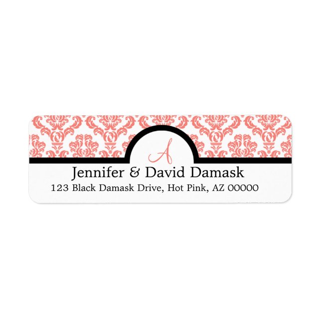 Étiquettes de monogrammes Mariage damassé de corai (Devant)