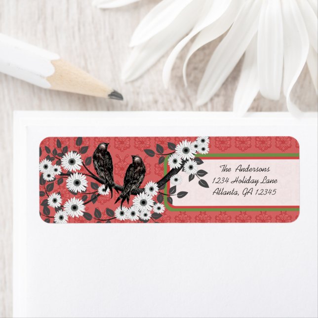 Étiquettes de Noël oiseaux vintage rouge et vert (En situation)
