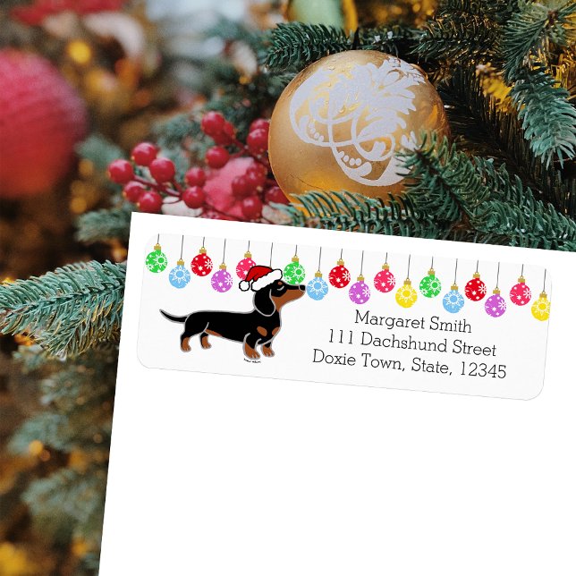 Étiquettes de Noël pour Dachshund noir et feu (Black and Tan Dachshund Posing Santa Design Christmas Return Address Labels for Dachshund Owners.)
