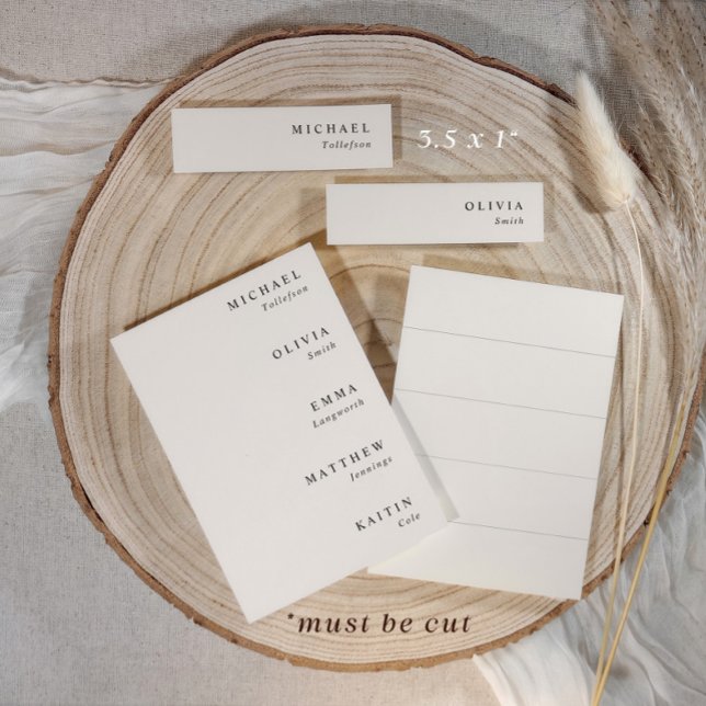 Étiquettes de nom de mariage beige pour menus Cart (Light beige DIY wedding name tags shown uncut, front and back layout on 3.5 x 5 cards)