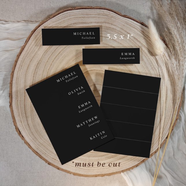 Étiquettes de nom de mariage Noir & Blanc 3,5 x 1  (Wedding name tags for menus in a modern minimalist black with white text. Do not come pre-cut.)