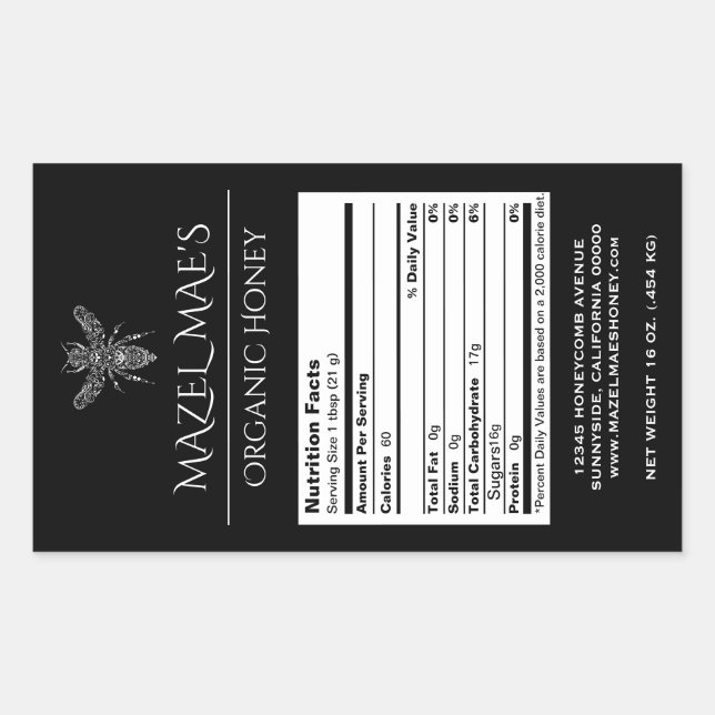 Étiquettes de nutrition du miel fait maison (Devant)