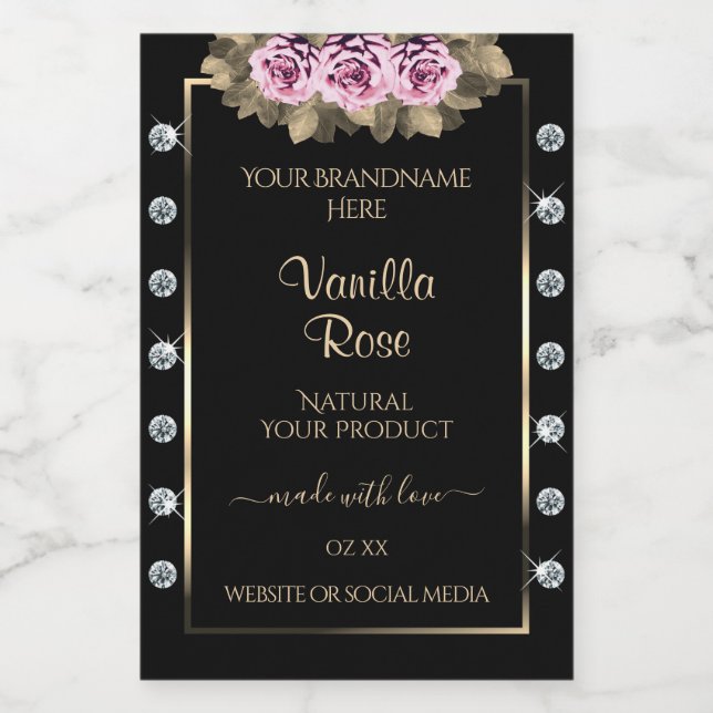 Étiquettes de packaging de produits noirs Roses et (Étiquettes simples)