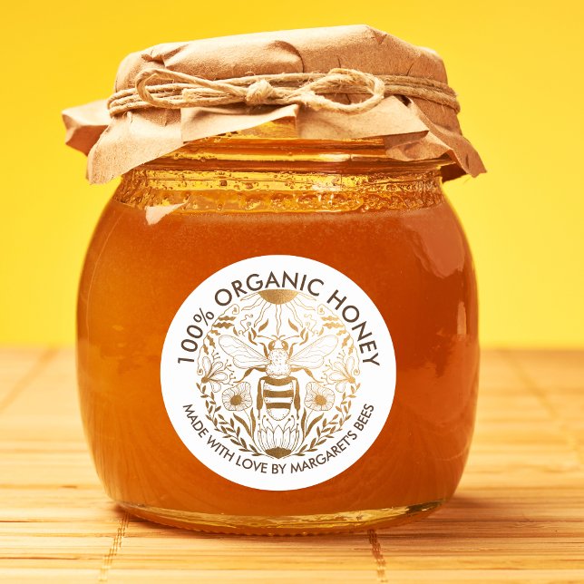Étiquettes de pot de miel Abeille à miel Nid d'abe (organic honey label with a golden bee and flowers, circle shape
)