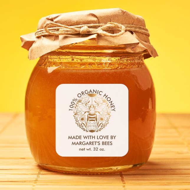 Étiquettes de pot de miel Abeille à miel Nid d'abe (natural organic honey label with a bee illustration, gold color)