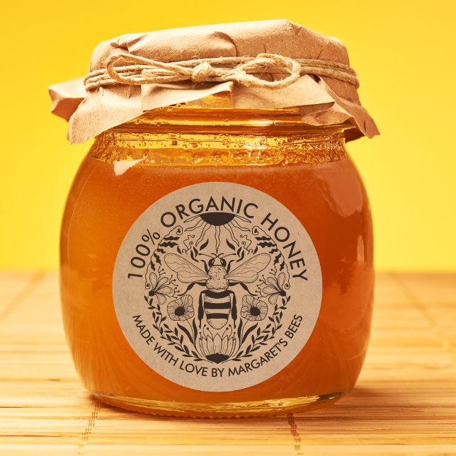 Étiquettes de pot de miel Abeille à miel Nid d'abe (ORGANIC HONEY LABEL WITH A BEE AND FLOWERS, CIRCLE SHAPE
)