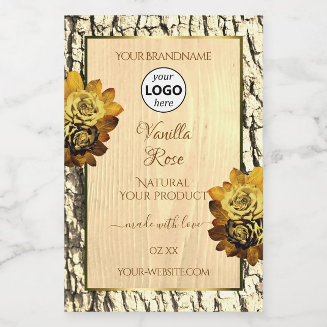 Étiquettes de produit Logo Roses Grain de Bois Bru (Étiquettes simples)