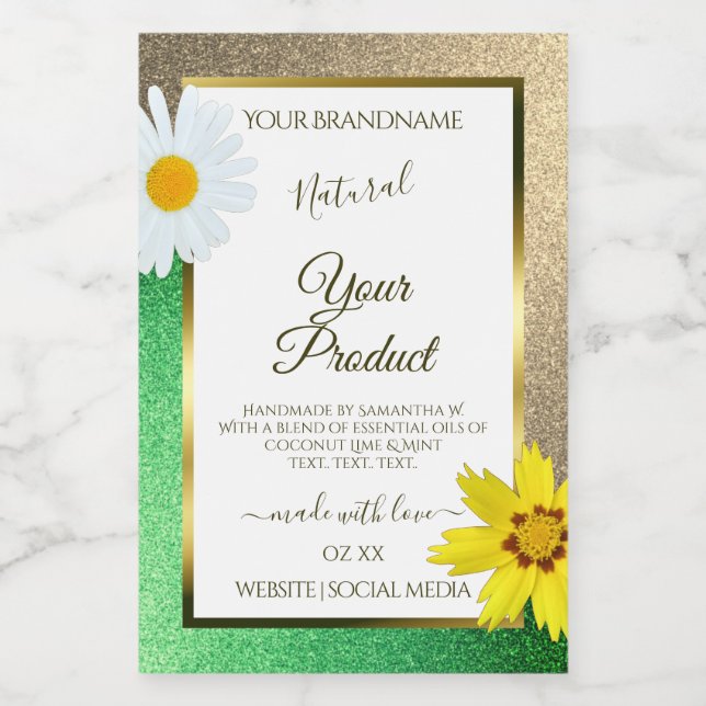 Étiquettes de produits blancs Floral Gold et Green (Étiquettes simples)
