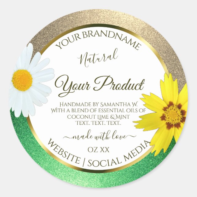 Étiquettes de produits blancs Floral Gold et Green (Devant)