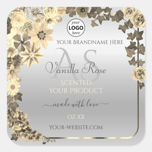 Étiquettes de produits d'argent Sepia Fleurs Monog (Devant)