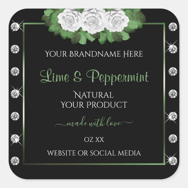 Étiquettes de produits noirs Bijoux de roses verts (Devant)