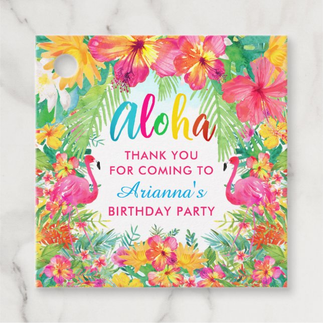 Étiquettes de remerciement Aloha Luau Flamant Trop (Devant)