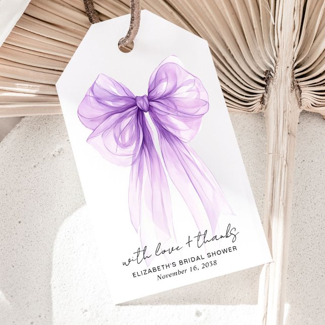 Étiquettes de remerciement de Baby Shower Mariage  (Purple Bow Watercolor Bridal Shower Thank You Gift Tags)