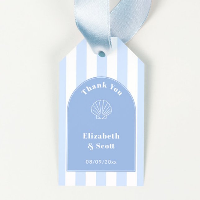 Étiquettes de remerciement de mariage côtier à arc (Coastal themed simple arch with blue and white stripes and seashell wedding shower favor tags)