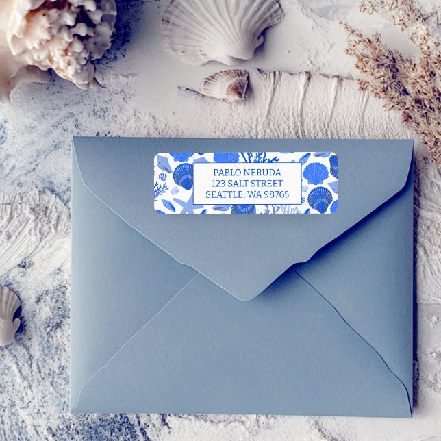 Étiquettes de retour d'adresse personnalisées Plag (Blue Seashells Beach CUSTOM Return Address Mail Label Sticker)