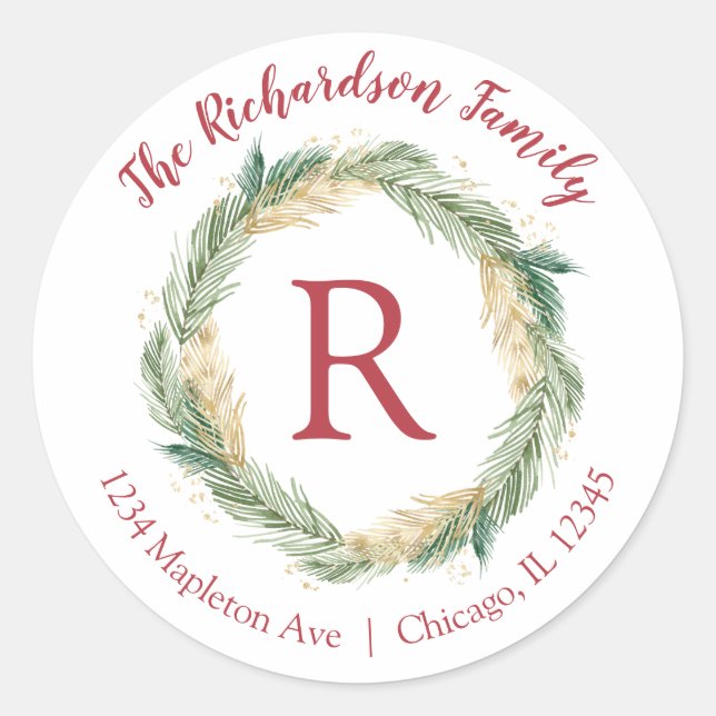 Étiquettes de retour de Noël de pin doré vert (Devant)