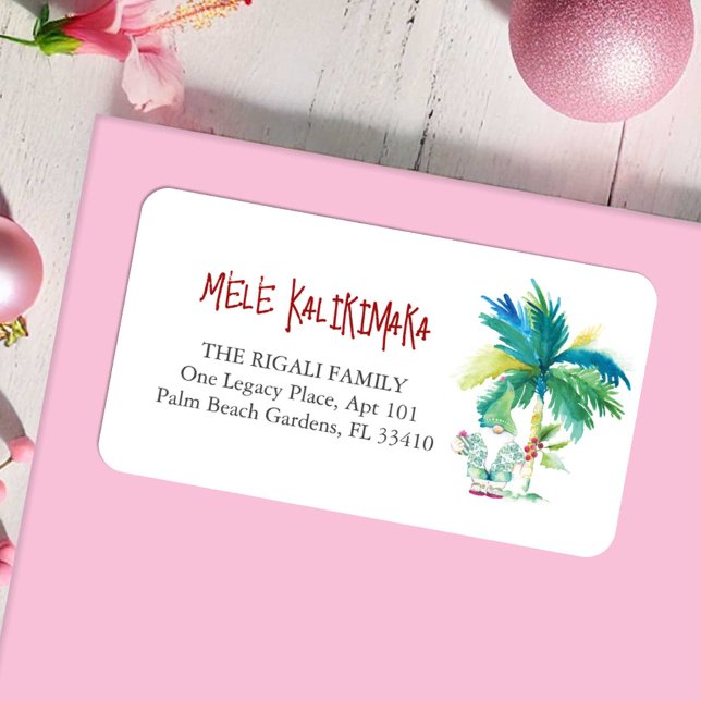 Étiquettes de retour de Noël de plage (Christmas return address labels Male Kalikimaka watercolor art by Victoria Grigaliunas DoTellABelle)