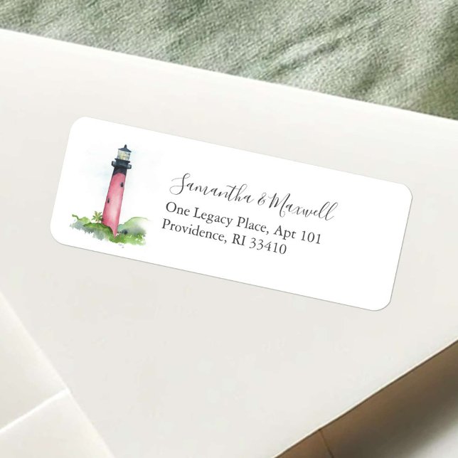Étiquettes de retour du Mariage du phare de Florid (Lighthouse return address labels watercolor art by Victoria Grigaliunas of Do Tell A Belle)