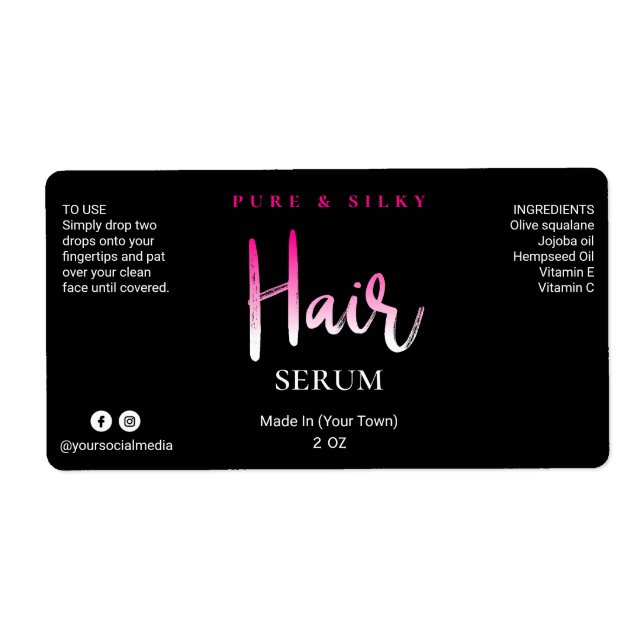 Étiquettes De Sérum De Cheveux Rose Et Noir (Devant)