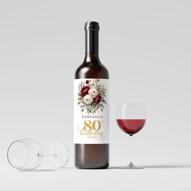 Étiquettes de vin Bourgogne Rouge Profond pour 80e (Deep Red Blush Burgundy 80th Birthday Wine Labels)
