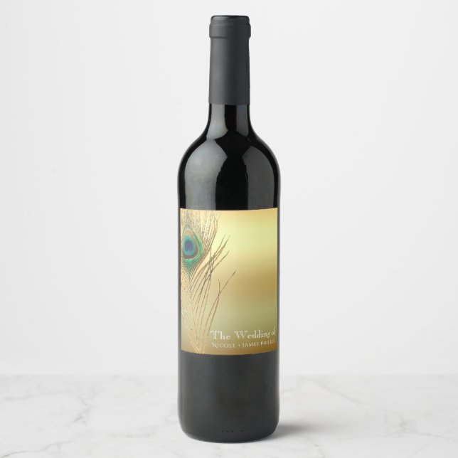 Étiquettes de vin chic boho exotiques or plume de  (Devant)