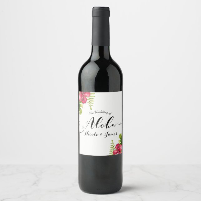 Étiquettes de vin de mariage chic feuilles d'hibis (Devant)