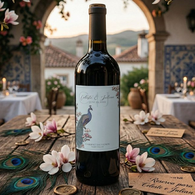 Étiquettes de vin de mariage élégantes à fleurs bl (Monogrammed Peacock Wedding Wine Label with hand-drawn blue and teal peacocks for a romantic wedding)