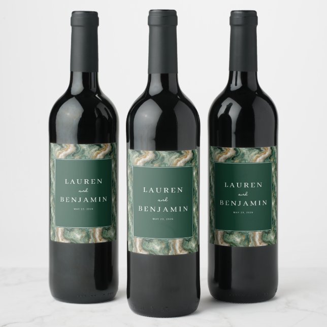 Étiquettes de vin de mariage en marbre vert élégan (Bouteilles)