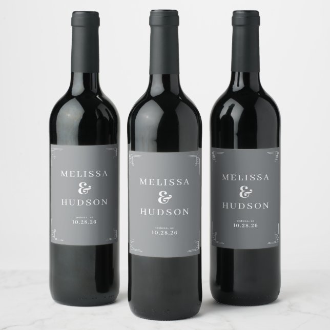 Étiquettes de vin de mariage géométriques grises é (Bouteilles)