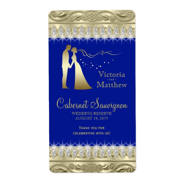 Étiquettes de vin de mariage or bleu royal (Devant)