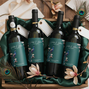 Étiquettes de vin de mariage Paon Floral Turquoise