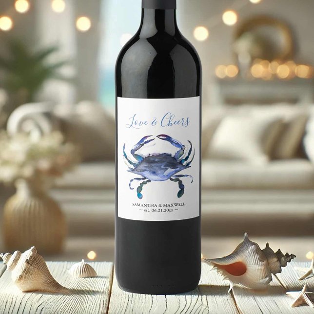 Étiquettes de vin de mariage sur la plage Crabe bl (Beach wedding wine labels watercolor blue crab art by Victoria Grigaliunas Do Tell A Belle)