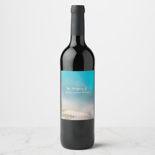 Étiquettes de vin de plage tropicale bleue de coqu (Devant)