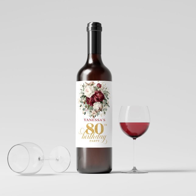 Étiquettes de vin Designer Blush Burgundy pour 80e (Designer Blush Burgundy 80th Birthday Wine Labels)