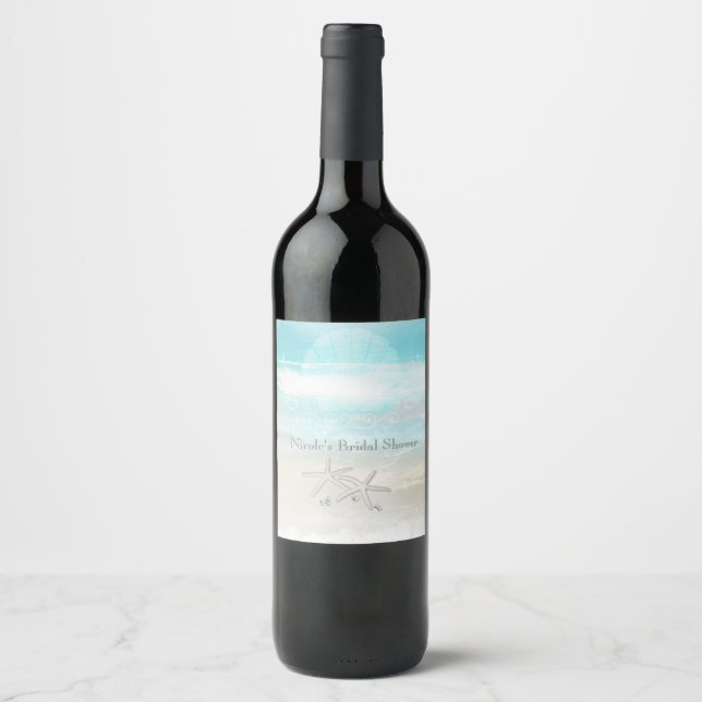 Étiquettes de vin élégantes d'été Étoile de mer bl (Devant)
