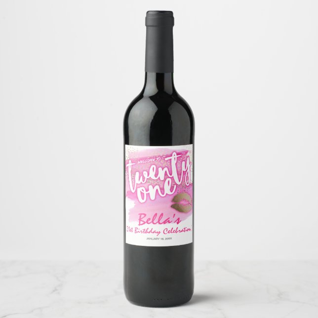 Étiquettes de vin pour 21e anniversaire rose et or (Devant)