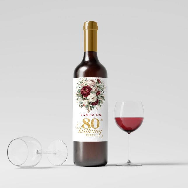 Étiquettes de vin pour 80e anniversaire Burgundy B (Chic Blush Burgundy 80th Birthday Wine Labels)