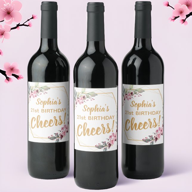 Étiquettes de vin pour un 21e anniversaire chic -  (Raise a Glass to the Blossoming Joy! 🌸🍷)