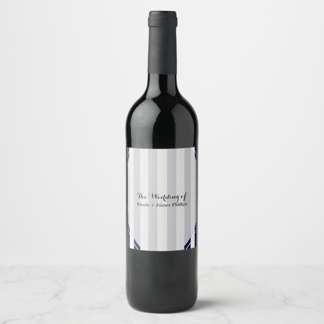 Étiquettes de vin rayées modernes bleues et blanch (Devant)