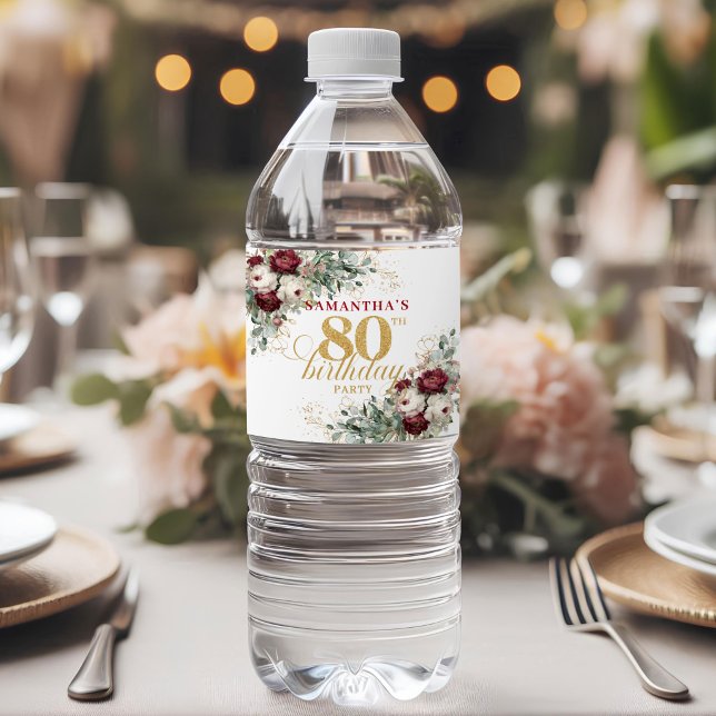 Étiquettes d'eau pour 80e anniversaire Glam Blush  (Glam Blush Burgundy 80th Birthday Water Labels)