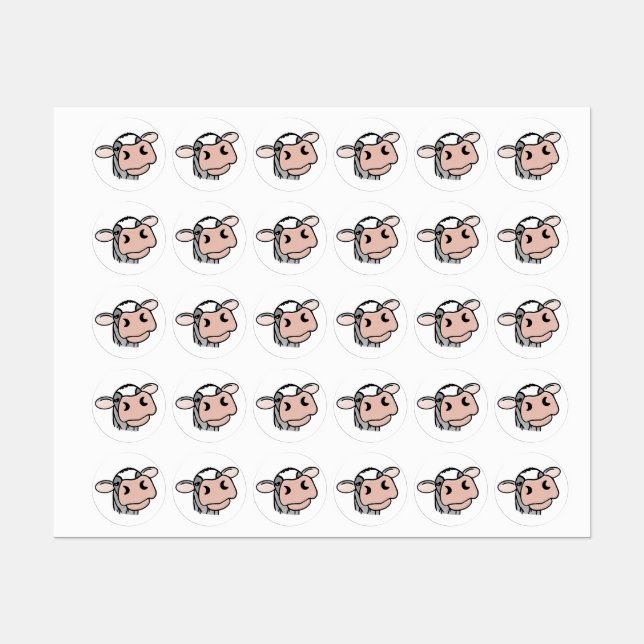 Étiquettes dessin animé vache noir blanc rose baiser gris ani (Feuille)