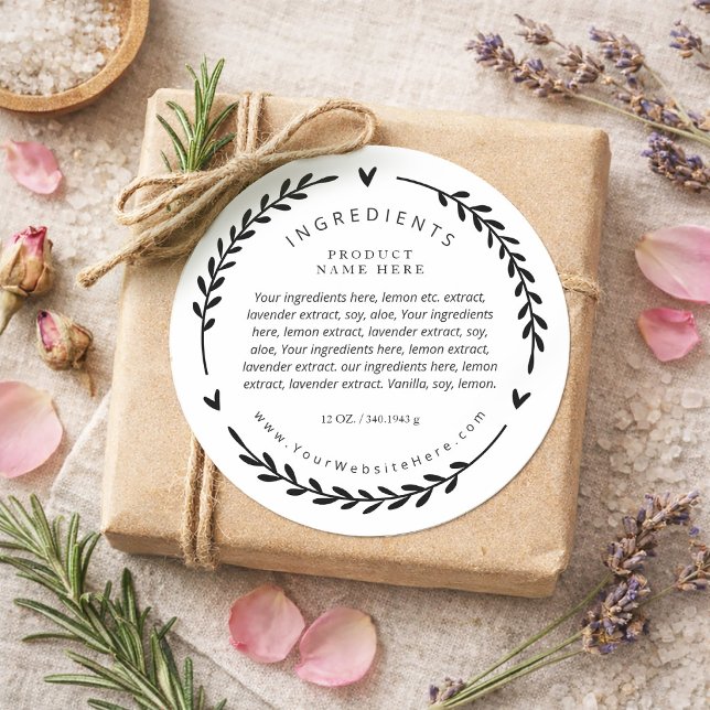 Étiquettes d'ingrédients Couronne de Laurier en fo (Heart Laurel Wreath Ingredients Label Stickers)